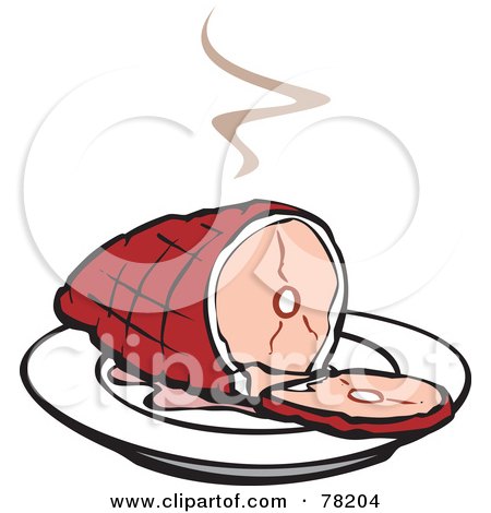 Royalty-Free (RF) Clipart Illustration of a Steamy Hot Ham With A Slice On A Plate by xunantunich