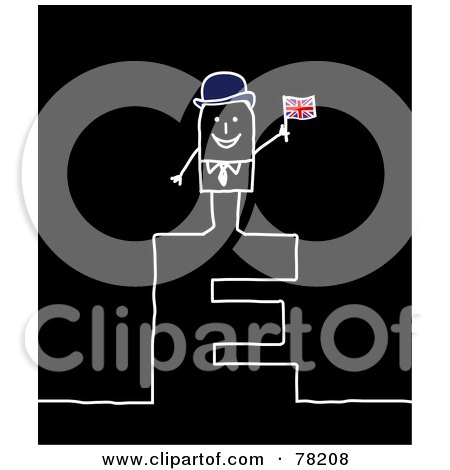 Royalty-Free (RF) Clipart Illustration of a Stick People English Man Standing On Top Of The Letter E Over Black by NL shop