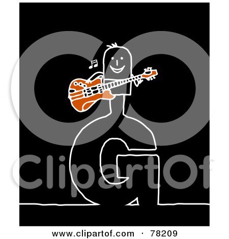 Royalty-Free (RF) Clipart Illustration of a Stick People Guitarist Standing On Top Of The Letter G Over Black by NL shop