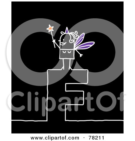 Royalty-Free (RF) Clipart Illustration of a Stick People Fairy Godmother Standing On Top Of The Letter F Over Black by NL shop