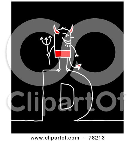 Royalty-Free (RF) Clipart Illustration of a Stick People Devil Standing On Top Of The Letter D Over Black by NL shop