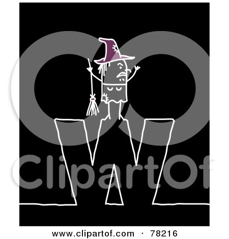 Royalty-Free (RF) Clipart Illustration of a Stick People Witch Standing On Top Of The Letter W Over Black by NL shop