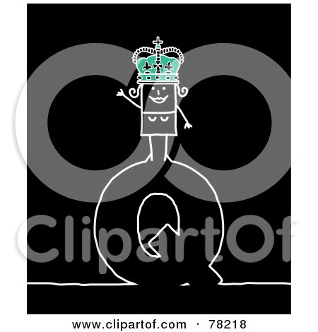 Royalty-Free (RF) Clipart Illustration of a Stick People Queen Standing On Top Of The Letter Q Over Black by NL shop