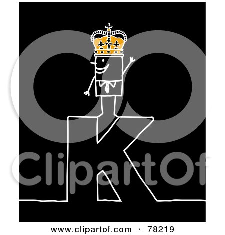 Royalty-Free (RF) Clipart Illustration of a Stick People King Standing On Top Of The Letter K Over Black by NL shop