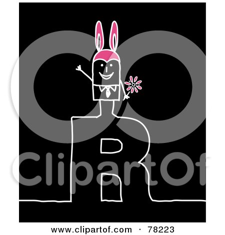 Royalty-Free (RF) Clipart Illustration of a Stick People Rabbit Man Standing On Top Of The Letter R Over Black by NL shop
