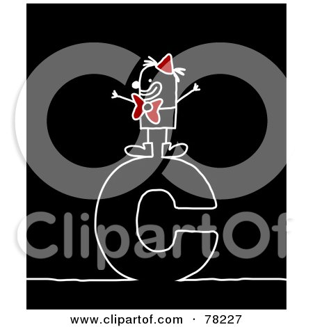 Royalty-Free (RF) Clipart Illustration of a Stick People Clown Standing On Top Of The Letter C Over Black by NL shop
