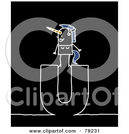 Royalty-Free (RF) Clipart Illustration of a Stick People Unicorn Standing On Top Of The Letter U Over Black by NL shop