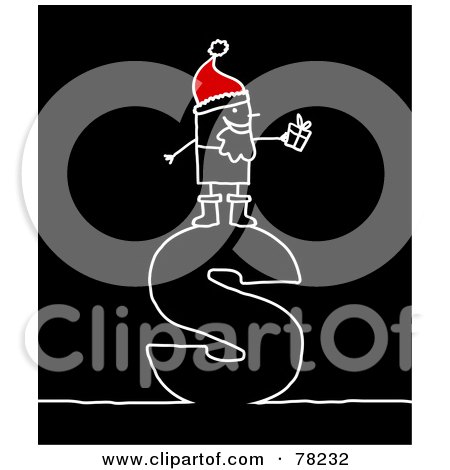 Royalty-Free (RF) Clipart Illustration of a Stick People Santa Standing On Top Of The Letter S Over Black by NL shop