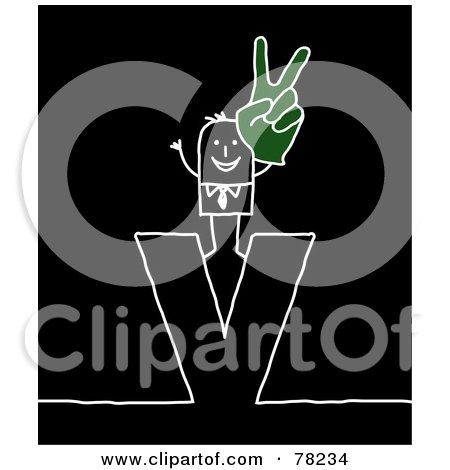 Royalty-Free (RF) Clipart Illustration of a Stick People Victorious Man Standing On Top Of The Letter V Over Black by NL shop