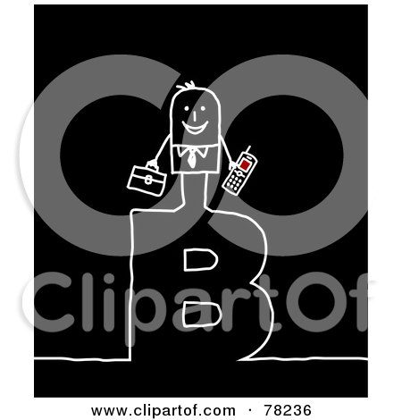 Royalty-Free (RF) Clipart Illustration of a Stick People Businessman Standing On Top Of The Letter B Over Black by NL shop