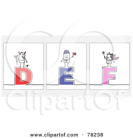 Royalty-Free (RF) Clipart Illustration of a Digital Collage Of Stick People Character Letters; D Through F by NL shop