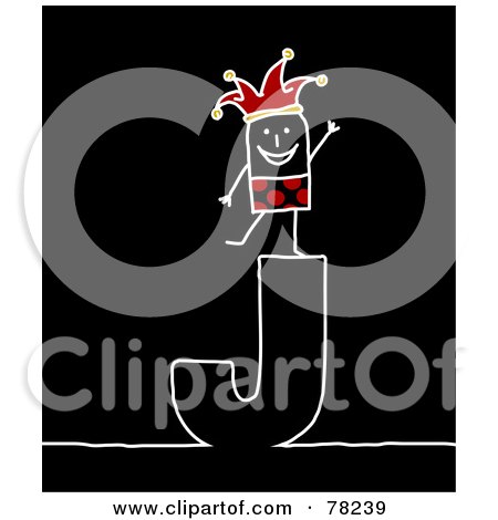 Royalty-Free (RF) Clipart Illustration of a Stick People Joker Standing On Top Of The Letter J Over Black by NL shop