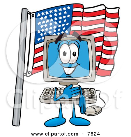 Clipart Picture of a Desktop Computer Mascot Cartoon Character Pledging Allegiance to an American Flag by Mascot Junction