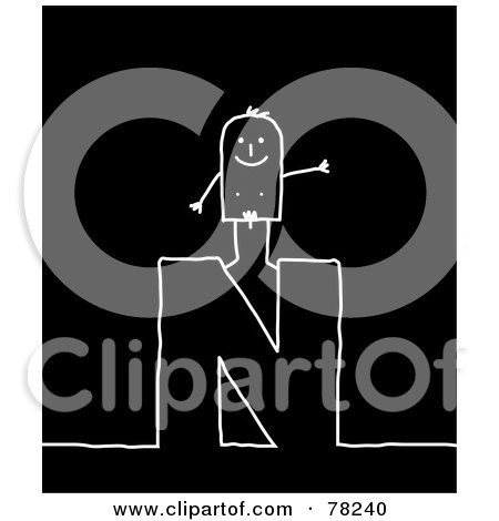 Royalty-Free (RF) Clipart Illustration of a Stick People Nude Man Standing On Top Of The Letter N Over Black by NL shop