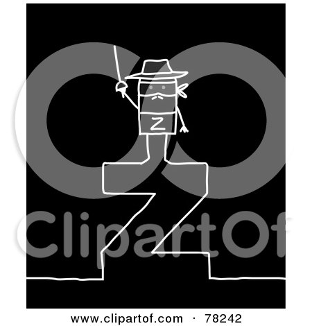 Royalty-Free (RF) Clipart Illustration of a Stick People Zorro Standing On Top Of The Letter Z Over Black by NL shop