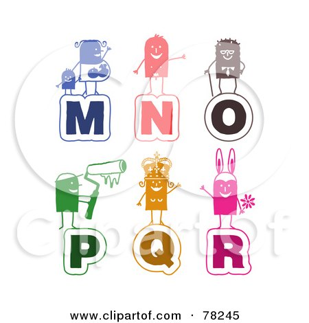 Royalty-Free (RF) Clipart Illustration of a Digital Collage Of Colorful Stick People Alphabet Letters; M Through R by NL shop