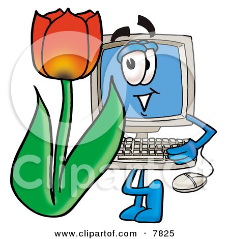 Clipart Picture of a Desktop Computer Mascot Cartoon Character With a Red Tulip Flower in the Spring by Mascot Junction