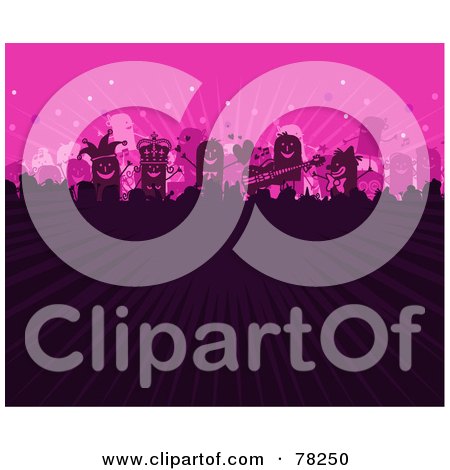 Royalty-Free (RF) Clipart Illustration of a Stick People Party Concert Crowd With Rays Of Light On Pink by NL shop