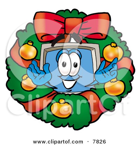 Clipart Picture of a Desktop Computer Mascot Cartoon Character in the Center of a Christmas Wreath by Mascot Junction