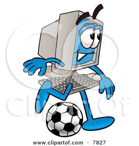 Clipart Picture of a Desktop Computer Mascot Cartoon Character Kicking a Soccer Ball by Mascot Junction