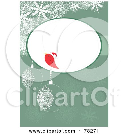 Royalty-Free (RF) Clipart Illustration of a Red Christmas Bird Talking In A Bubble Over A Green Christmas Bauble Background With Snowflakes by MilsiArt