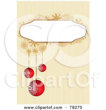 Royalty-Free (RF) Clipart Illustration of a Striped Background With A Snowflake Text Box And Red Christmas Ornaments by MilsiArt