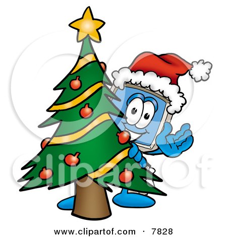 Clipart Picture of a Desktop Computer Mascot Cartoon Character Waving and Standing by a Decorated Christmas Tree by Mascot Junction