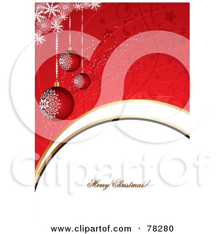 Royalty-Free (RF) Clipart Illustration of a Red Christmas Background With Snowflakes, Baubles And A Merry Christmas Greeting by MilsiArt