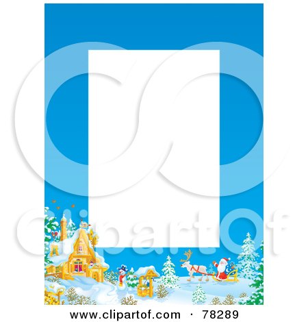 Royalty-Free (RF) Clipart Illustration of a Vertical White Text Box Bordered With Santa By A Winter Home by Alex Bannykh