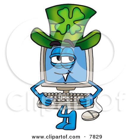 Clipart Picture of a Desktop Computer Mascot Cartoon Character Wearing a Saint Patricks Day Hat With a Clover on it by Mascot Junction