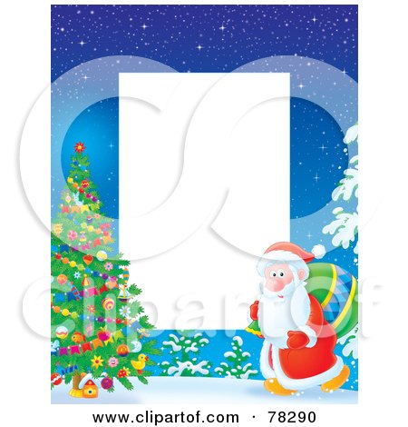Royalty-Free (RF) Clipart Illustration of a White Vertical Text Box Bordered With Santa Walking Towards An Outdoor Christmas Tree by Alex Bannykh