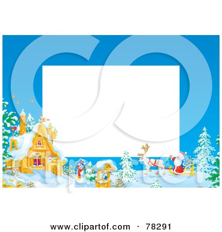 Royalty-Free (RF) Clipart Illustration of a White Text Box Bordered With Santa By A Winter Home by Alex Bannykh