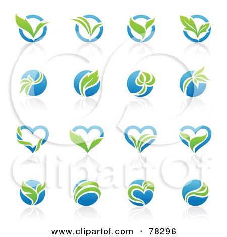 Royalty-Free (RF) Clipart Illustration of a Digital Collage Of Blue And Green Organic Heart And Circle Logos With Reflections by elena