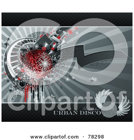 Royalty-Free (RF) Clipart Illustration of a Grungy Background Of Drips, Speakers, Stars, Keyboards And A Red Disco Ball On Gray by elena