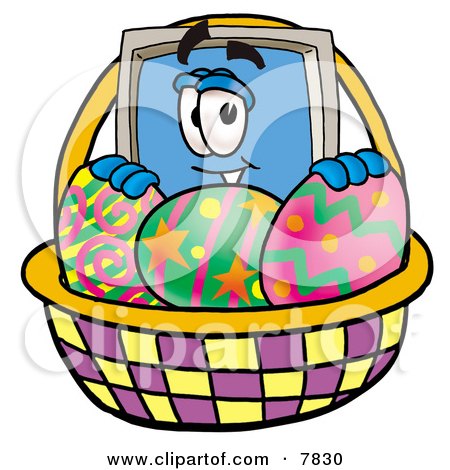 Clipart Picture of a Desktop Computer Mascot Cartoon Character in an Easter Basket Full of Decorated Easter Eggs by Mascot Junction