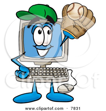 Clipart Picture of a Desktop Computer Mascot Cartoon Character Catching a Baseball With a Glove by Mascot Junction