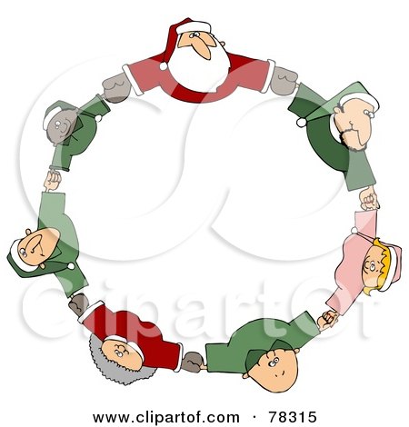 Royalty-Free (RF) Clipart Illustration of a Circle Of Diverse Elves With Santa And Mrs Claus, Holding Hands And Looking Up by djart