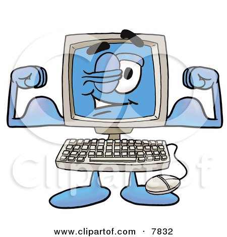 Clipart Picture of a Desktop Computer Mascot Cartoon Character Flexing His Arm Muscles by Mascot Junction