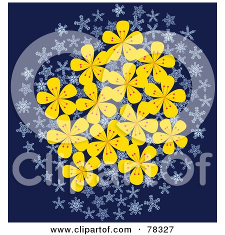Royalty-Free (RF) Clipart Illustration of a Cluster Of Yellow Flowers And Snowflakes Over Blue by Cherie Reve