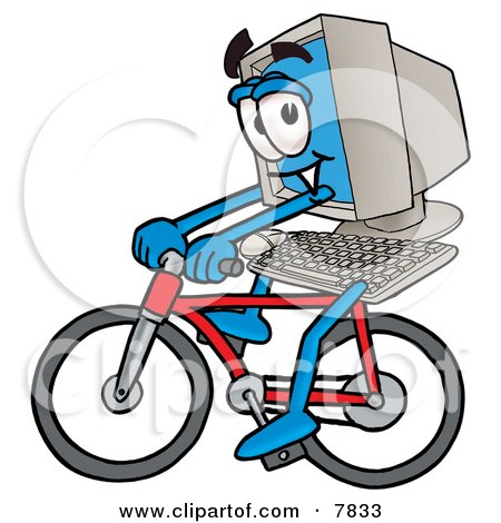Clipart Picture of a Desktop Computer Mascot Cartoon Character Riding a Bicycle by Mascot Junction