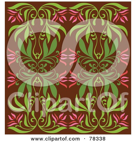 Royalty-Free (RF) Clipart Illustration of a Vintage Pink And Green Floral Pattern On Brown by Cherie Reve