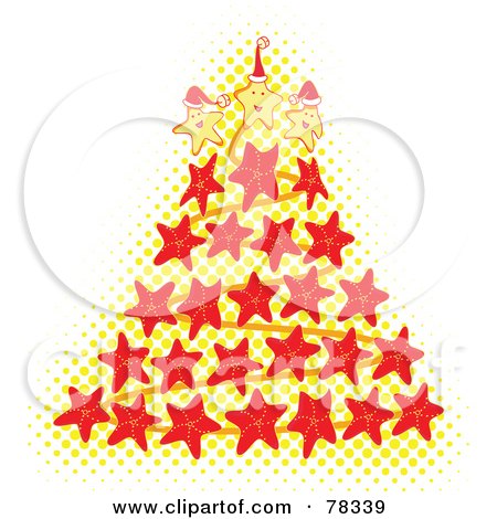 Royalty-Free (RF) Clipart Illustration of a Yellow Halftone Dot And Red Starfish Christmas Tree by Cherie Reve