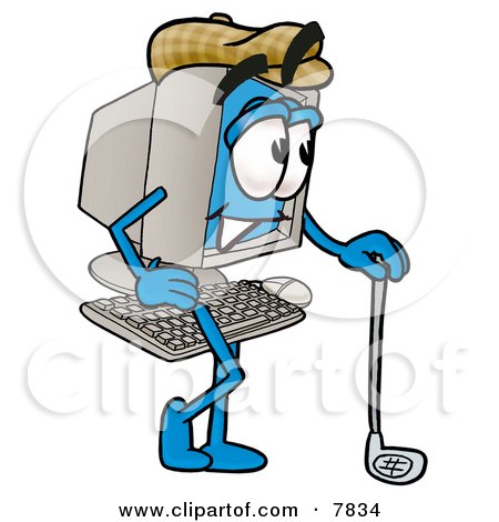 Clipart Picture of a Desktop Computer Mascot Cartoon Character Leaning on a Golf Club While Golfing by Mascot Junction