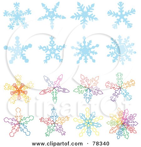 Royalty-Free (RF) Clipart Illustration of a Digital Collage Of Blue And Colorful Snowflake Designs by Cherie Reve