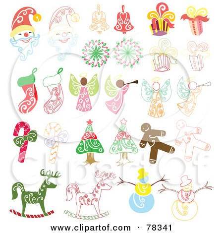 Royalty-Free (RF) Clipart Illustration of a Digital Collage Of Santas, Bells, Presents, Angels, Stockings, Candy Canes, Gingerbread Men, Rocking Horses, Snowmen And Christmas Trees by Cherie Reve