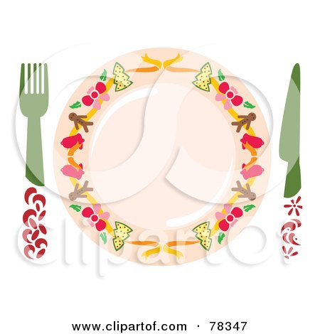 Royalty-Free (RF) Clipart Illustration of a Christmas Place Setting With A Fork, Knife And Plate by Cherie Reve