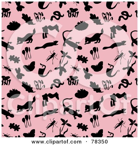 Royalty-Free (RF) Clipart Illustration of a Repeat Pattern Background Of Silhouetted Nature Items And Animals On Pink by Cherie Reve