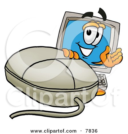 Clipart Picture of a Desktop Computer Mascot Cartoon Character With a Computer Mouse by Mascot Junction