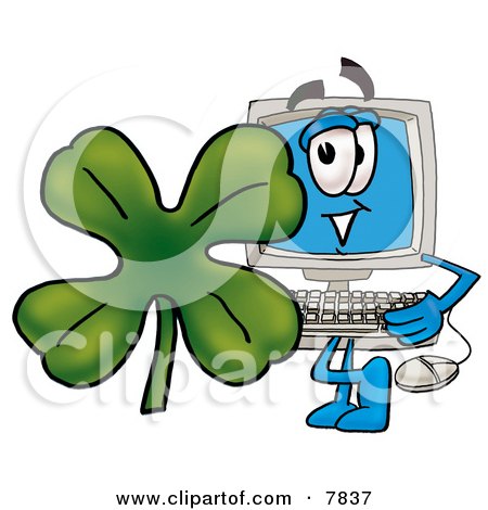 Clipart Picture of a Desktop Computer Mascot Cartoon Character With a Green Four Leaf Clover on St Paddy's or St Patricks Day by Mascot Junction