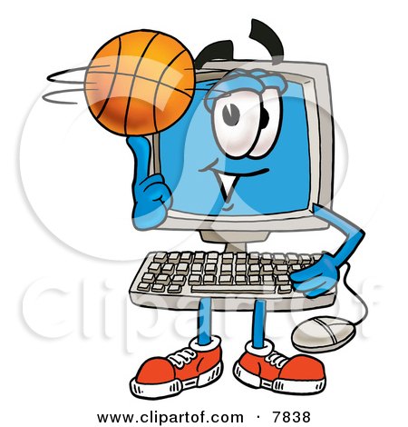 Clipart Picture of a Desktop Computer Mascot Cartoon Character Spinning a Basketball on His Finger by Mascot Junction